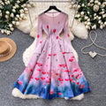 French romantic style printed stretch dress - women's summer long sleeve slim fit a-line dress - high-end commute dress