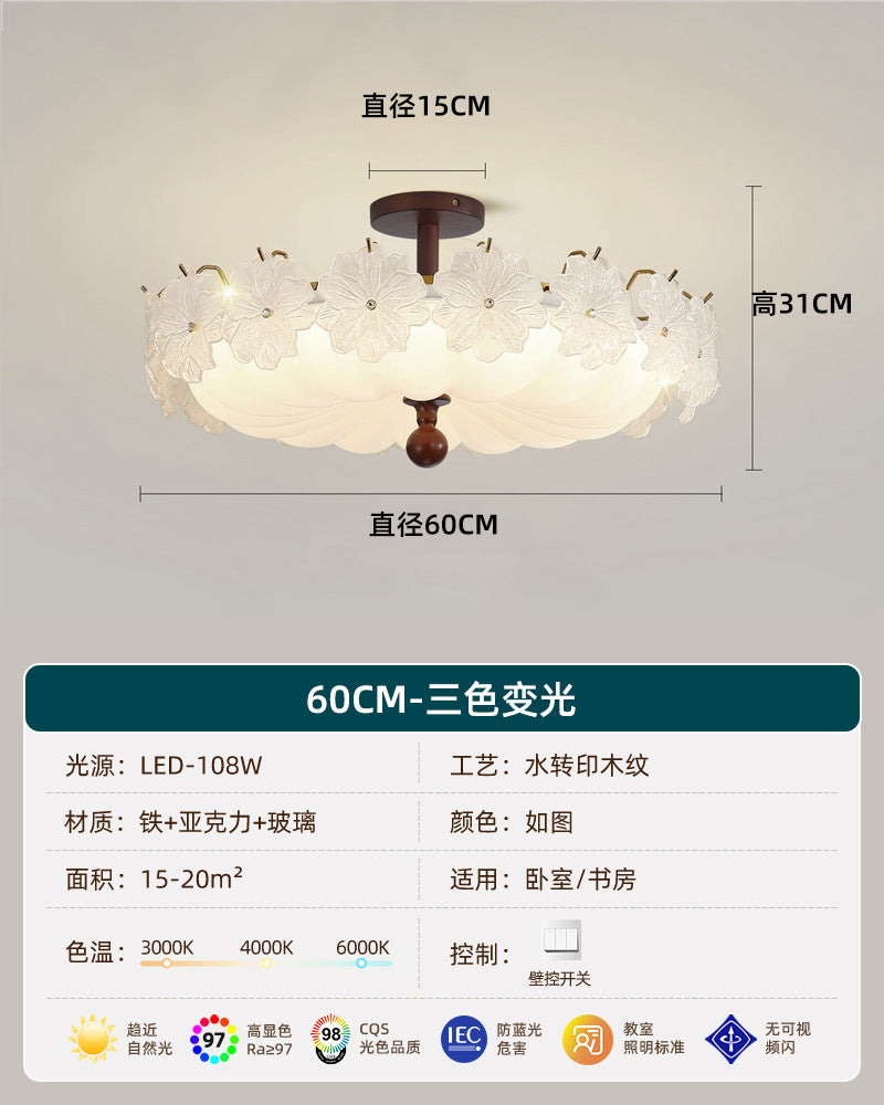 French retro embossed glass flower round ceiling light - walnut wood, soft light, cream style - perfect for kids' rooms and bedrooms