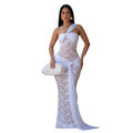 C7692 cross-border   fashion women's sexy lace one-shoulder ruffle bodycon dress