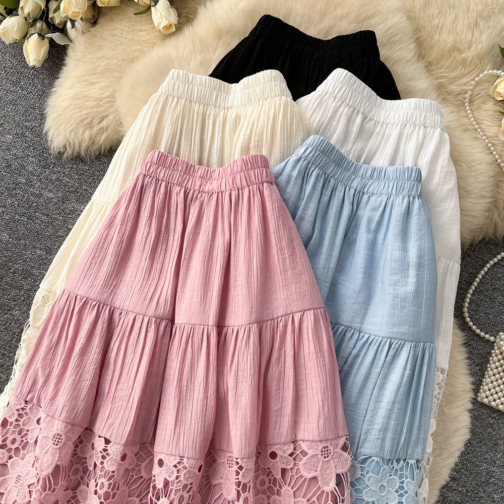 spring new arrivallacepatchwork a-line skirt women's cut outhigh waist cake skirt easiest for match mid-length skirt