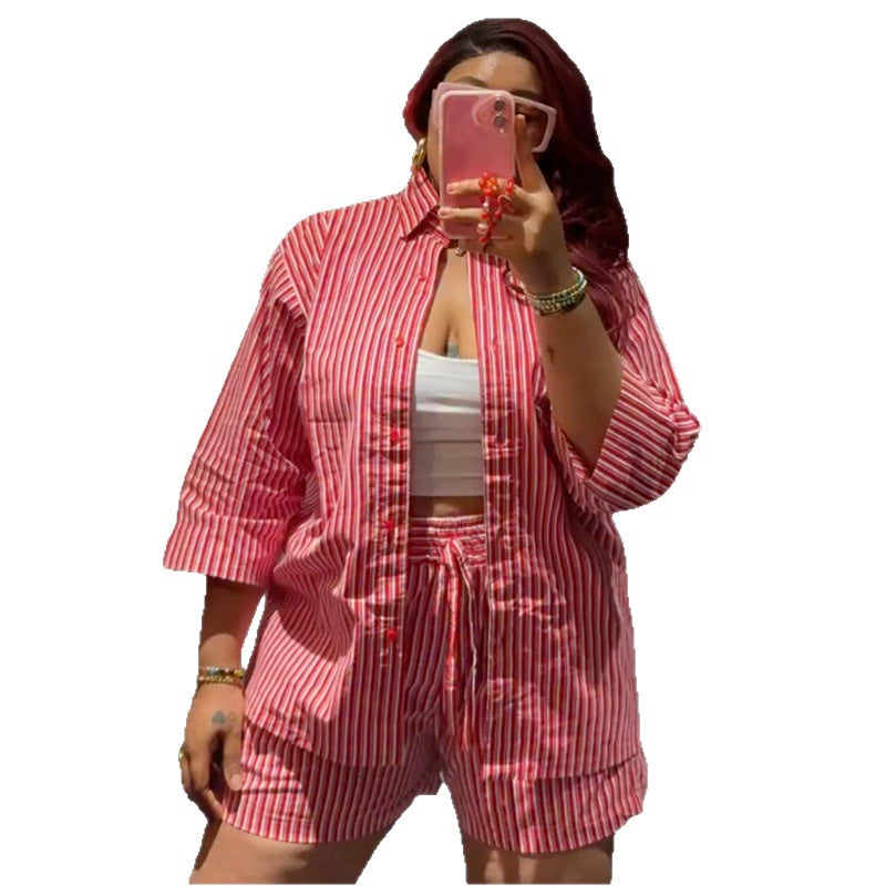 Fashion cross-border women's clothing  spring new arrivalelegantcasual lapel loosestripesshirt wide leg shortssuit
