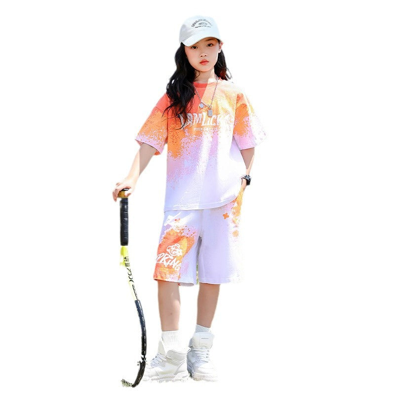 Girls' summer outfit  new style: trendy two-piece set for little girls and big kids - lightweight short-sleeve t-shirt and shorts