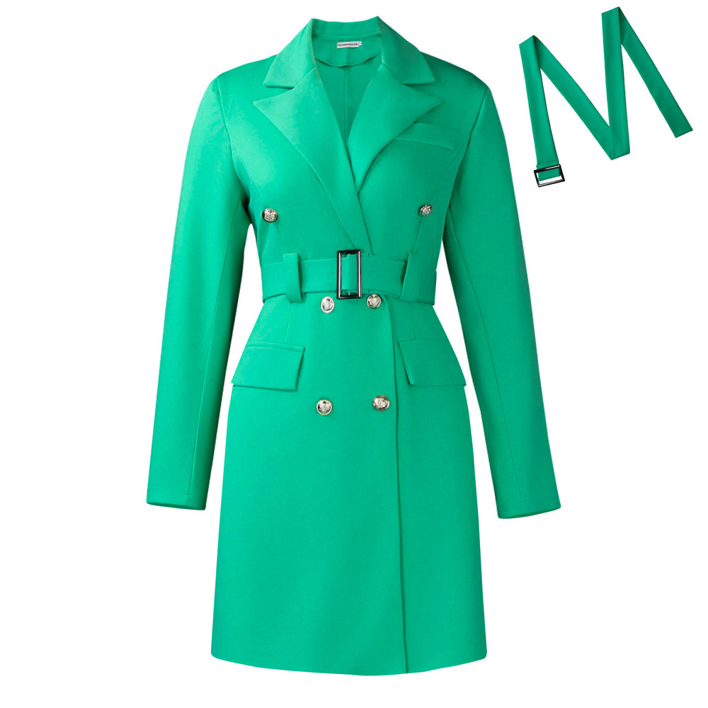 D3348  cross-border autumn and winter new long-sleeved hip-covering commuter double-breasted pure color suit european and american dress