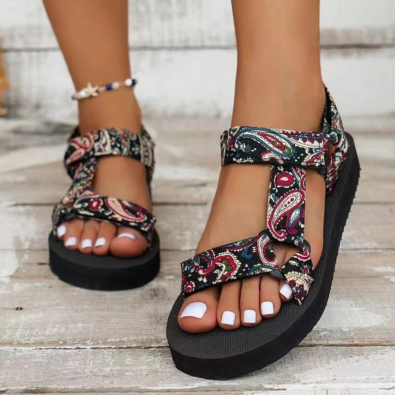 summer new arrivals: chunky sole canvas ethnic style women's peep-toe color block velcro beach sandals - plus size in stock