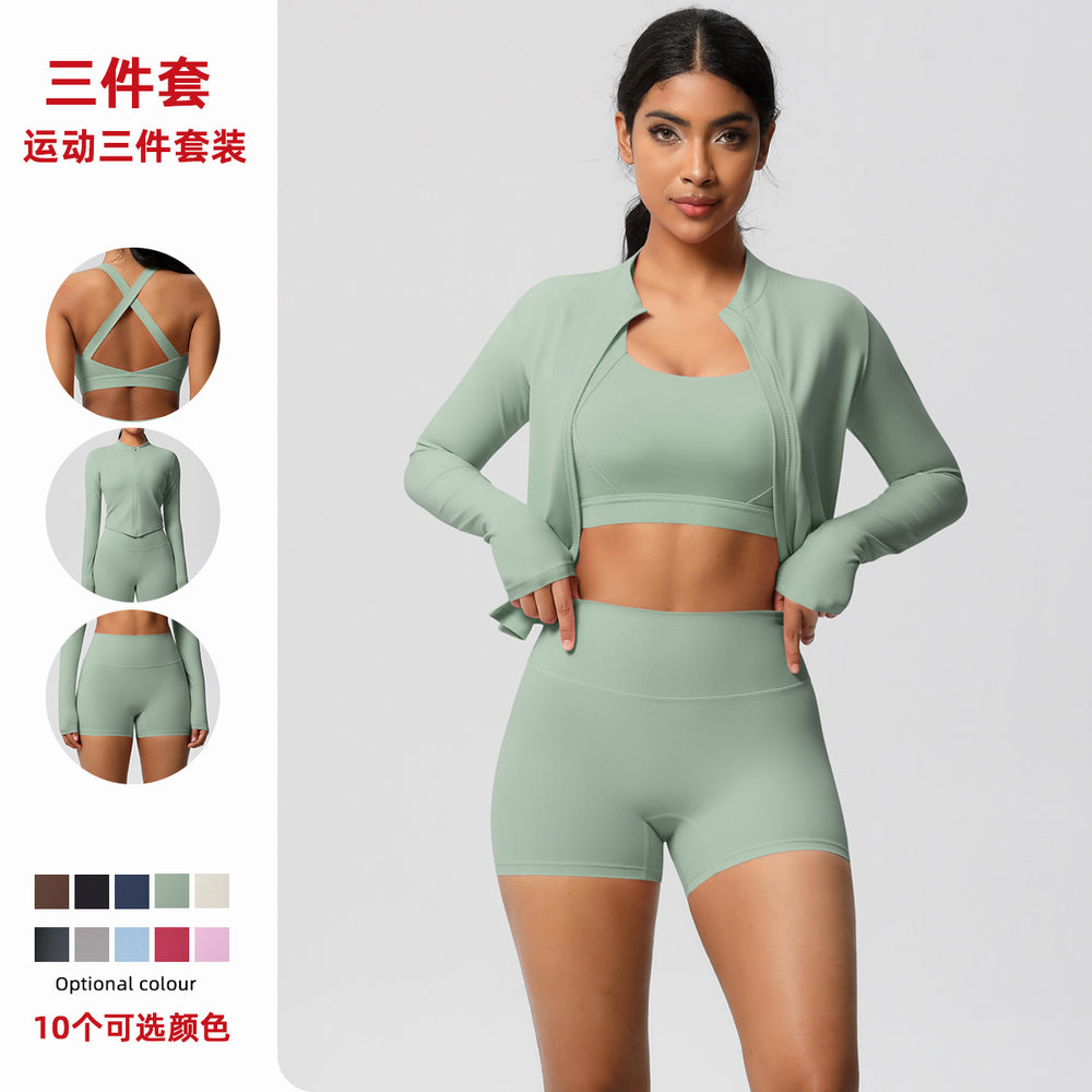 European and american solid color brushed fleece compression quick-dry yoga set - short length cloud-like outdoor running fitness activewear three-piece set