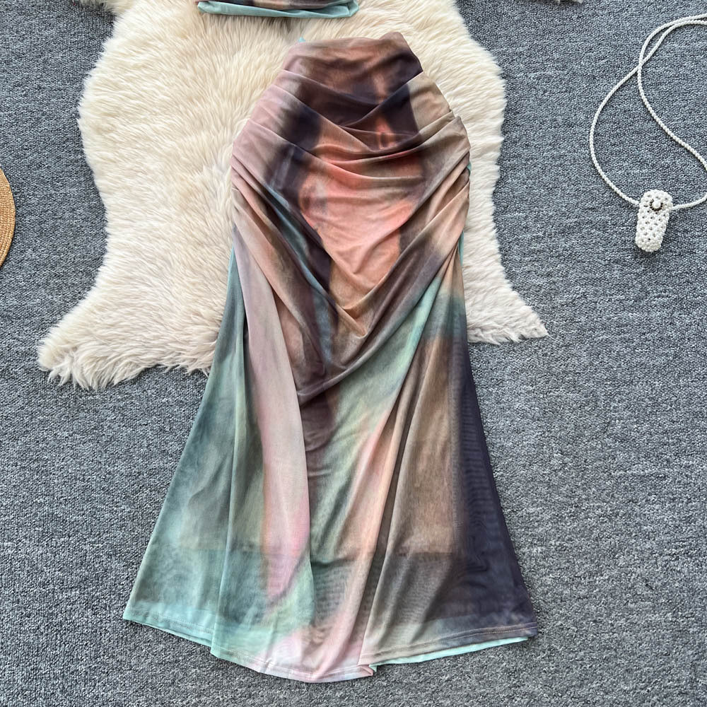 Sexy hot girl print tank top sleeveless two-piece set women's summer ruched top high-waisted midi skirt slimming outfit