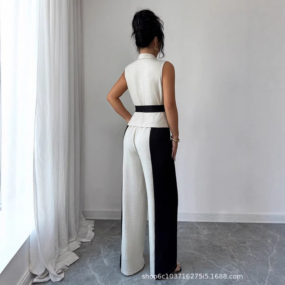 Fashion cross-border women's clothing fashionv neck sleeveless waist tie back vest contrast colorloose pantssense of designsuit
