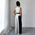 Fashion cross-border women's clothing fashionv neck sleeveless waist tie back vest contrast colorloose pantssense of designsuit