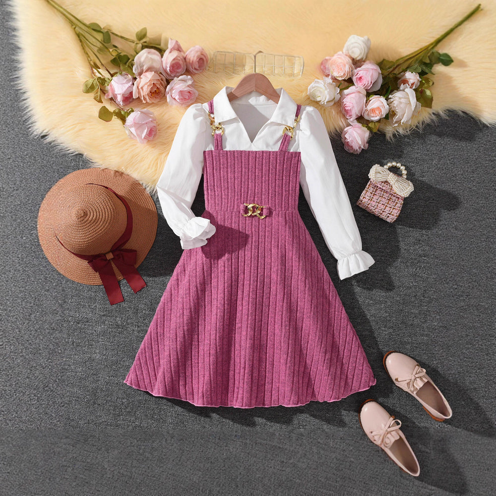 Girls' patchwork dress -  autumn collection - pink striped princess dress - stylish long sleeve children's dress