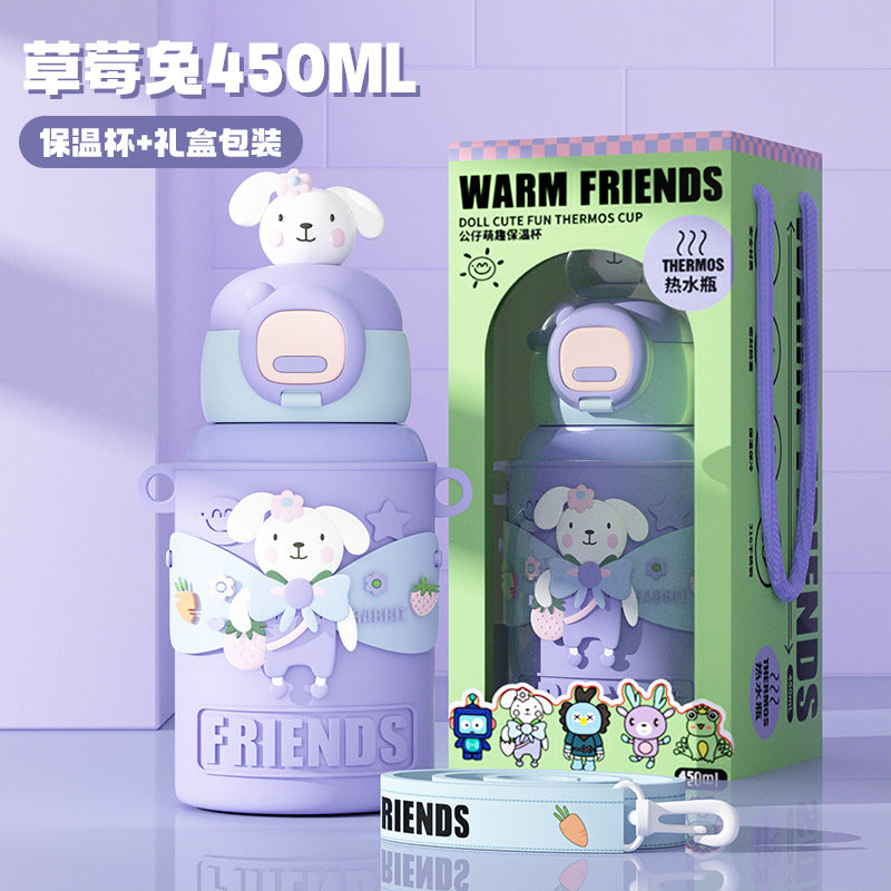 Cute and fun kids' insulated water bottle - 316 stainless steel, food-grade, cartoon design, portable student straw cup
