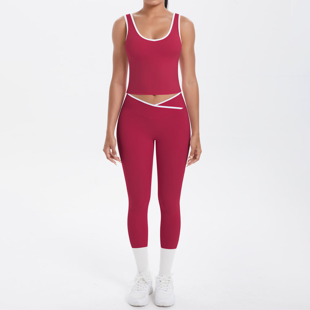 Cross high waist sports suit women's contrast color nude tight yoga clothes quick-drying breathable outdoor running fitness suit