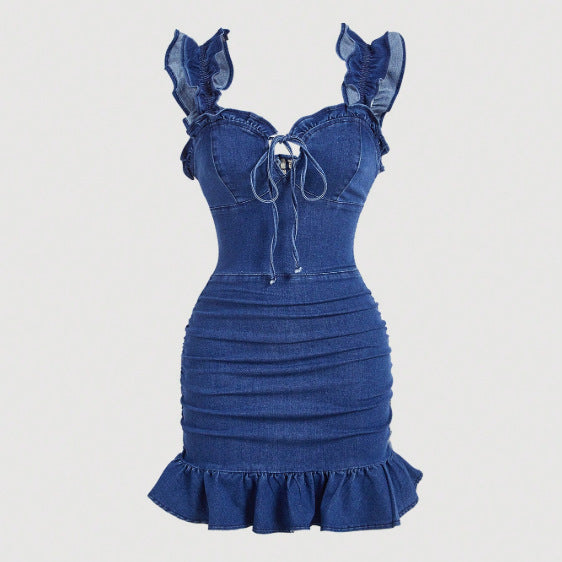 Amazon, tiktok, pinduoduo cross-border fashion: ruffle-trimmed denim slip dress - perfect for dates and work