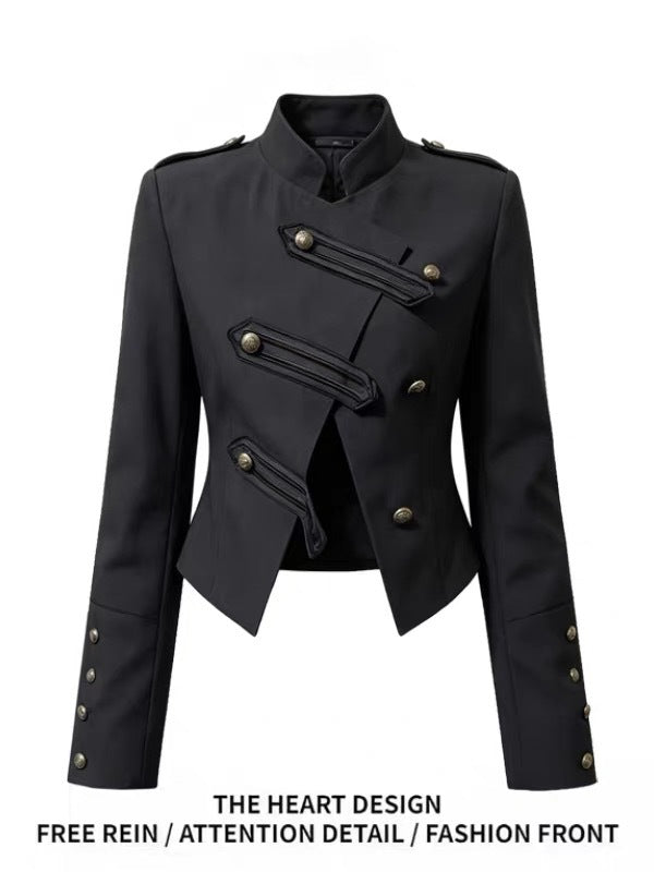 cross-border fashion: european & american autumn retro chic versatile stand collar double-breasted napoleon jacket