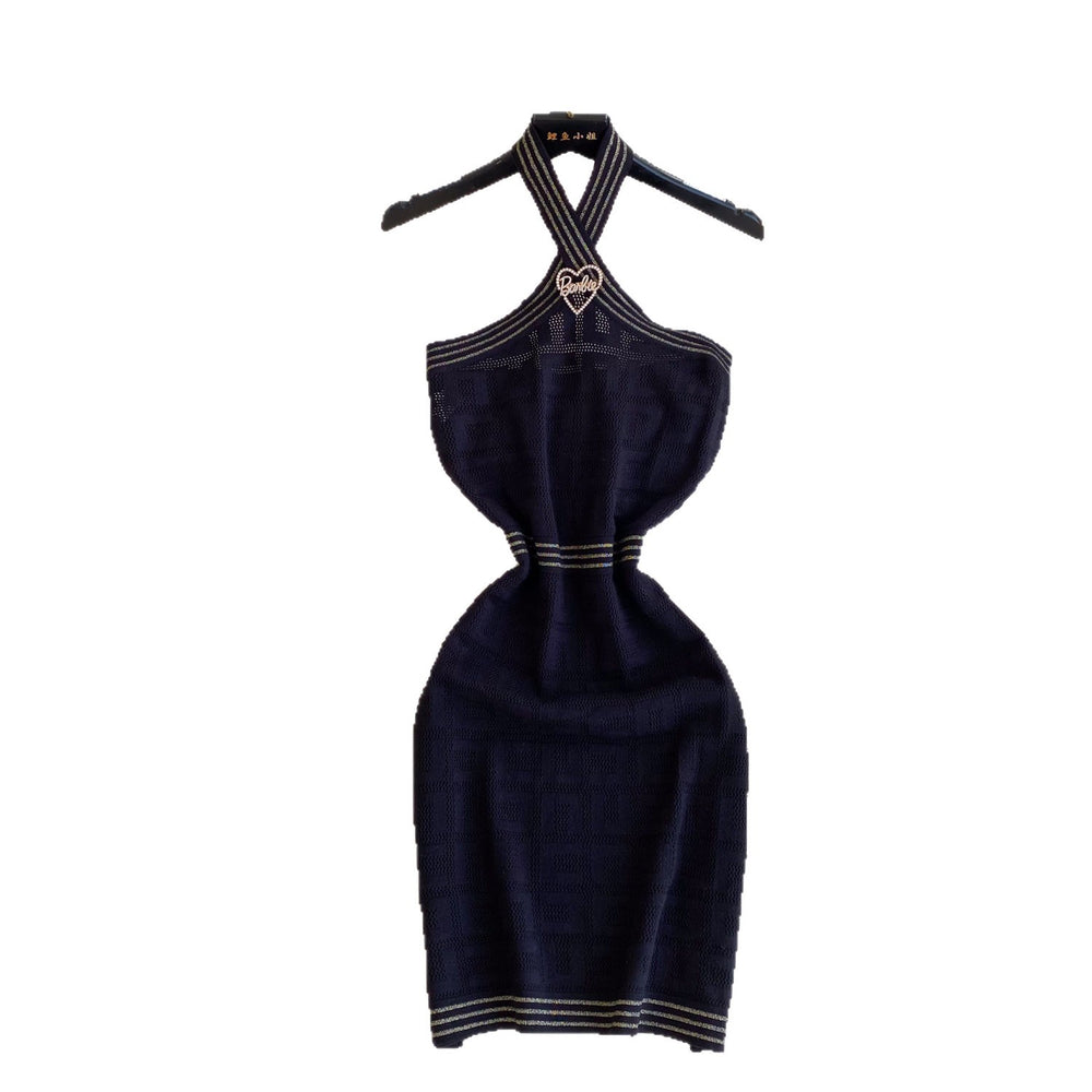 Halter knittingsummer silmslimming lookdress female springk-stylehigh waist a-line skirtwork clothingwhite skirt
