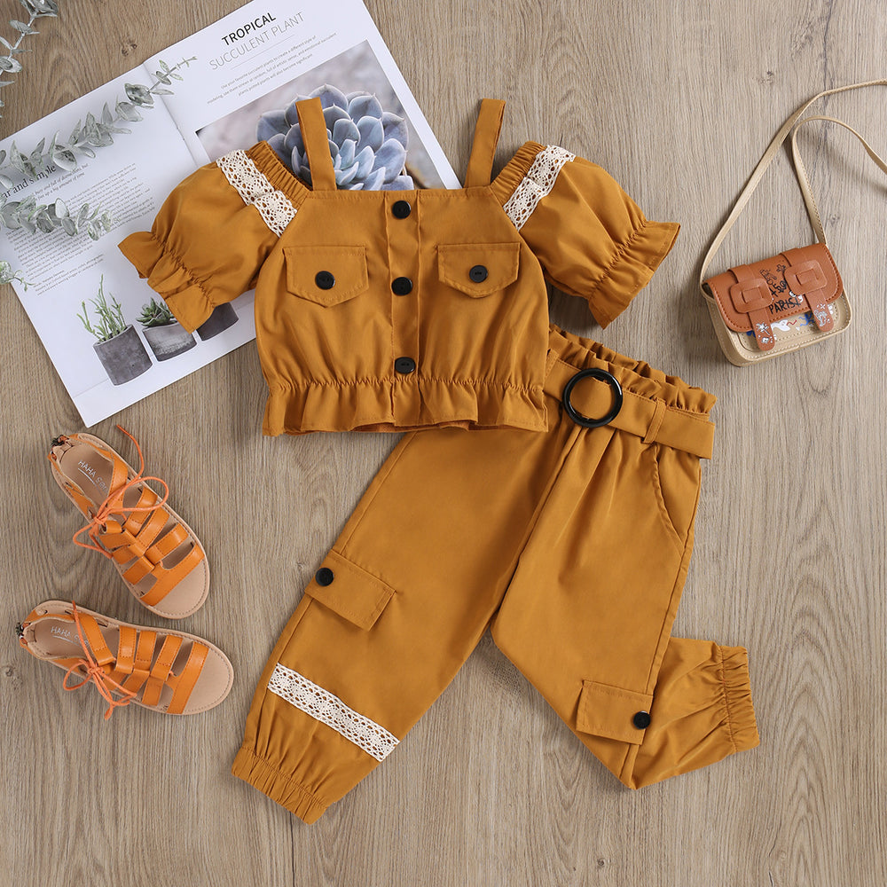 girls' summer woven cami top, off-the-shoulder, frosted button-down three-piece set with belt - toddler & little girl outfit - cross-border e-commerce