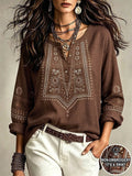 Plus size vintage ethnic style shirt - half button, printed, long sleeve, loose fit, flattering, versatile women's casual top