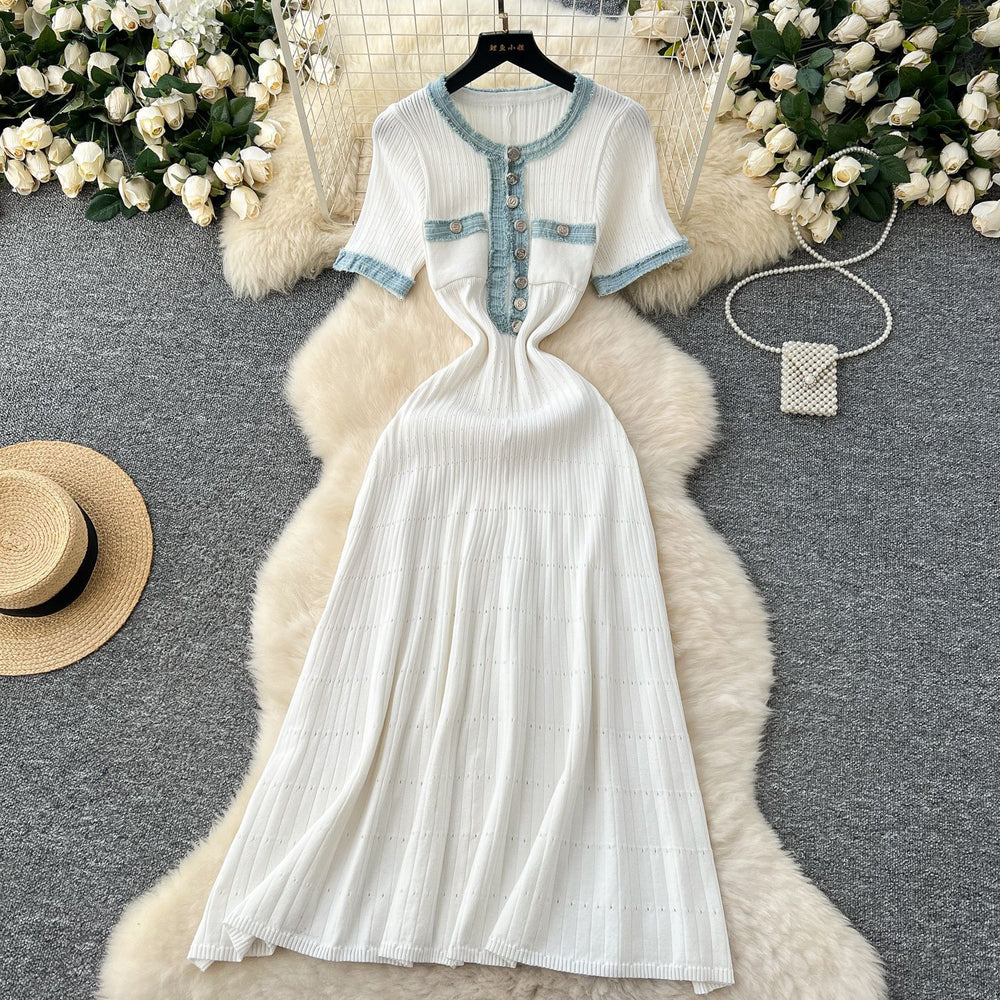 cross-border fashionfall and winternew arrivalfashion round neck denim patchworkknittinglong sleevesdress a-line skirt for women