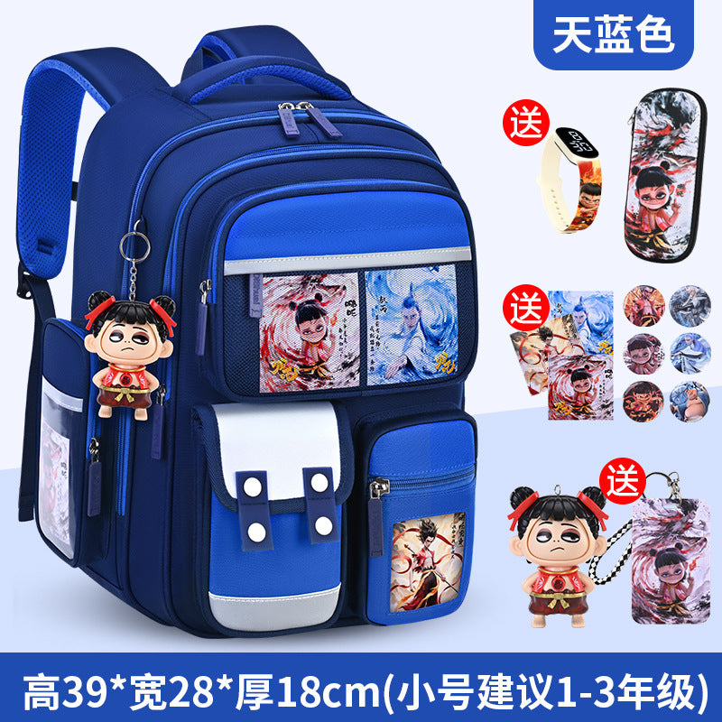 New nezha backpack for boys and girls, grades 1-6: spine protection, lightweight design, and extra-large capacity