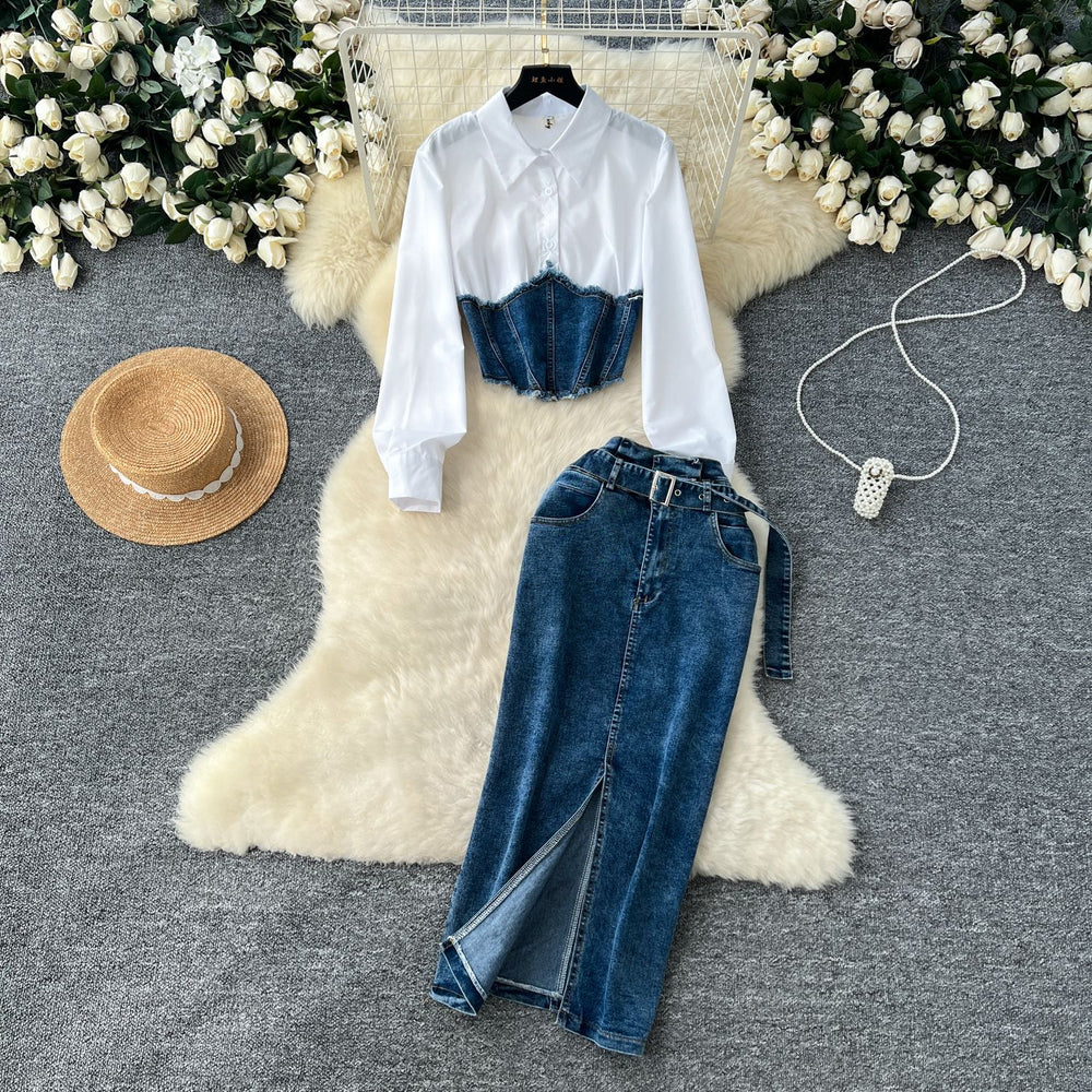 Korean style goddess look fashion patchwork faux two-piece long sleeve shirt with belted waist denim midi skirt two-piece set