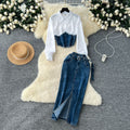 Korean style goddess look fashion patchwork faux two-piece long sleeve shirt with belted waist denim midi skirt two-piece set
