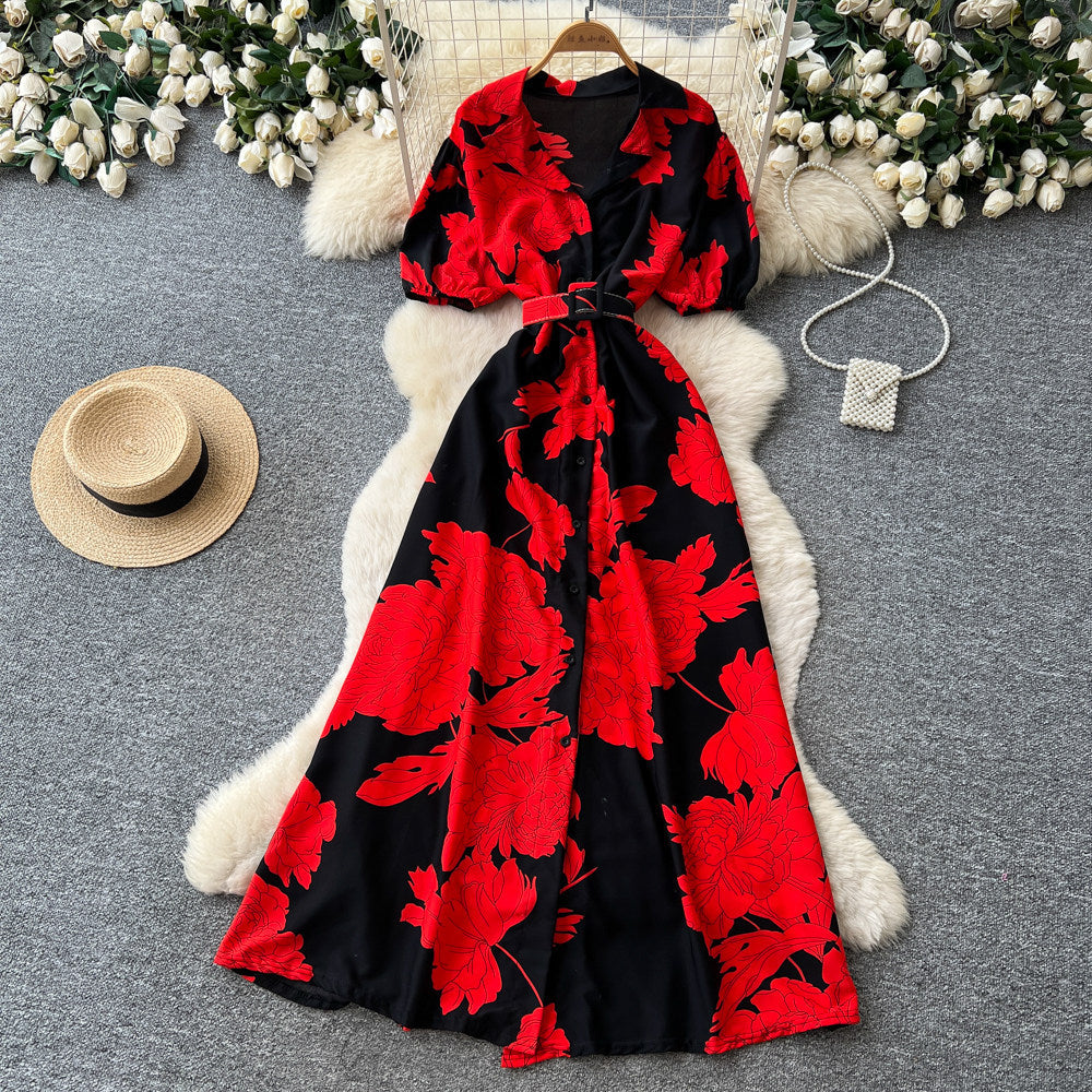 French retro floral print elegant dress - women's summer short sleeve v-neck slimming a-line maxi dress for work