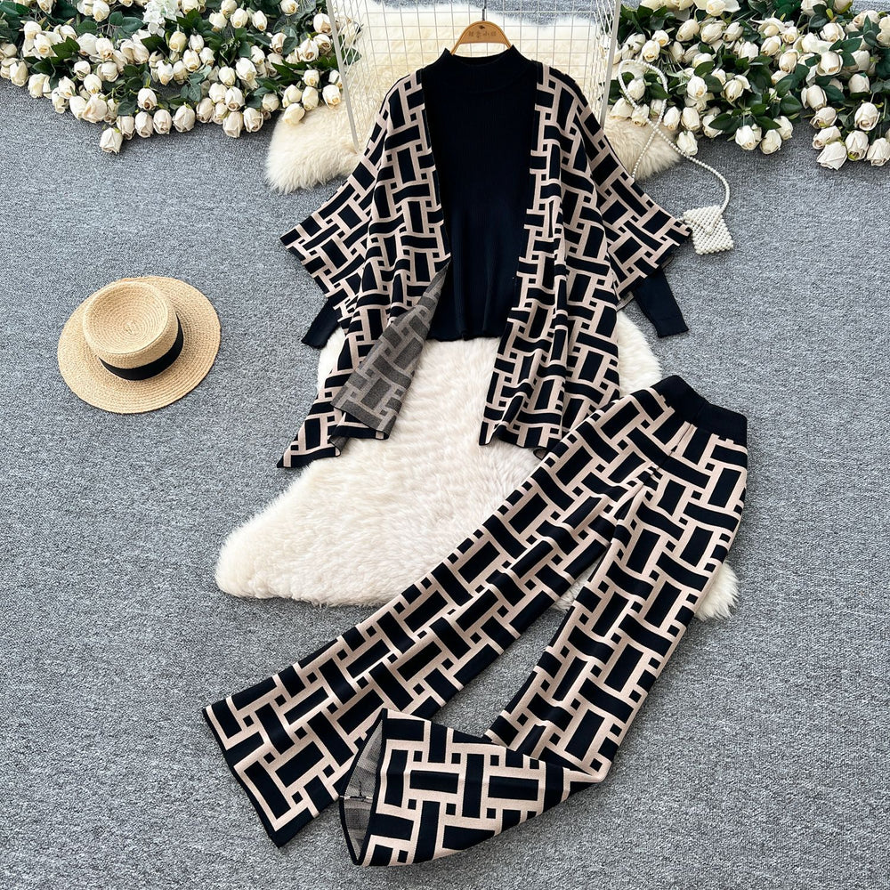Lazy style casual three-piece set for women  winter loose outer shawl outwear inner bottom knitting shirt loose pants
