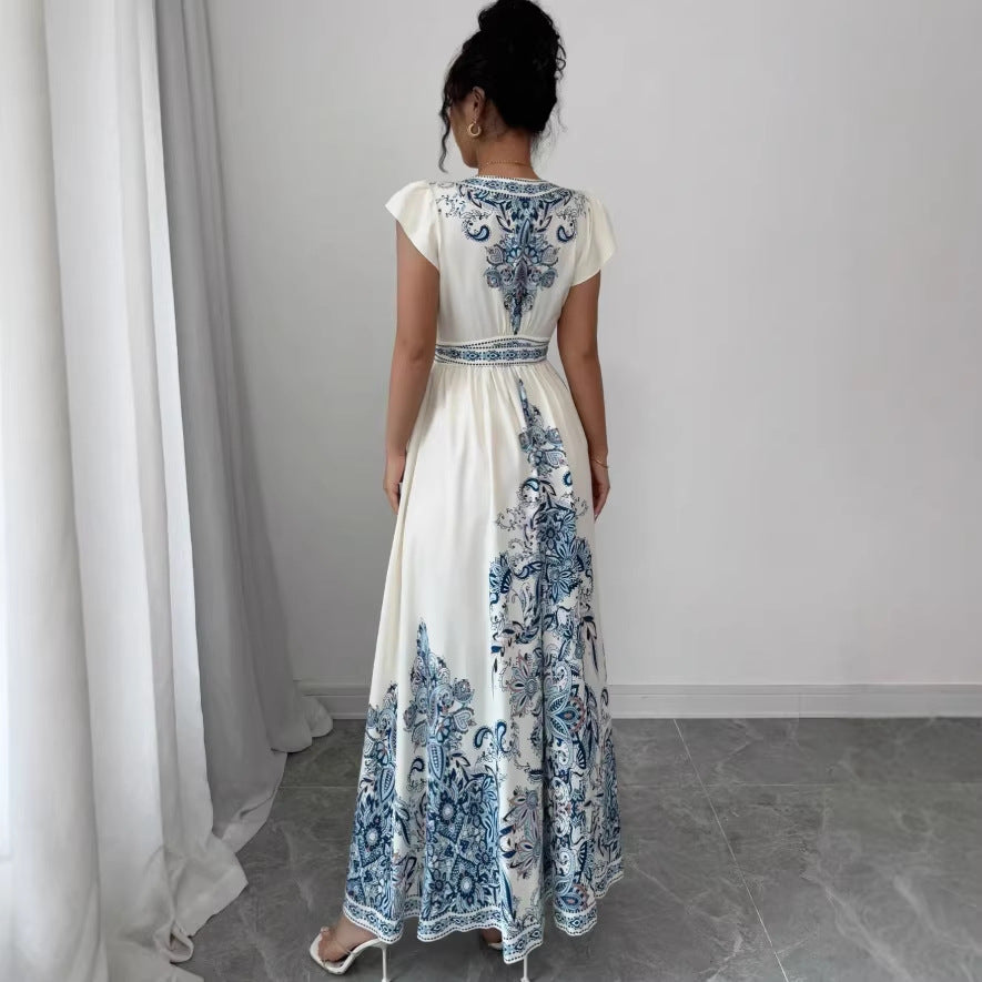 european and american cross-border new summer v-neck fitted patchwork dress