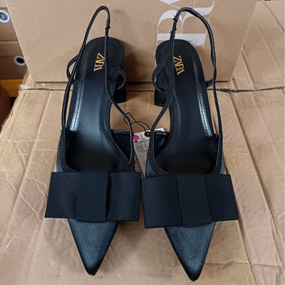 Za2024autum new women's shoes black bows decorated open heel thick heel pointed toe high heels toe cap sandals flats
