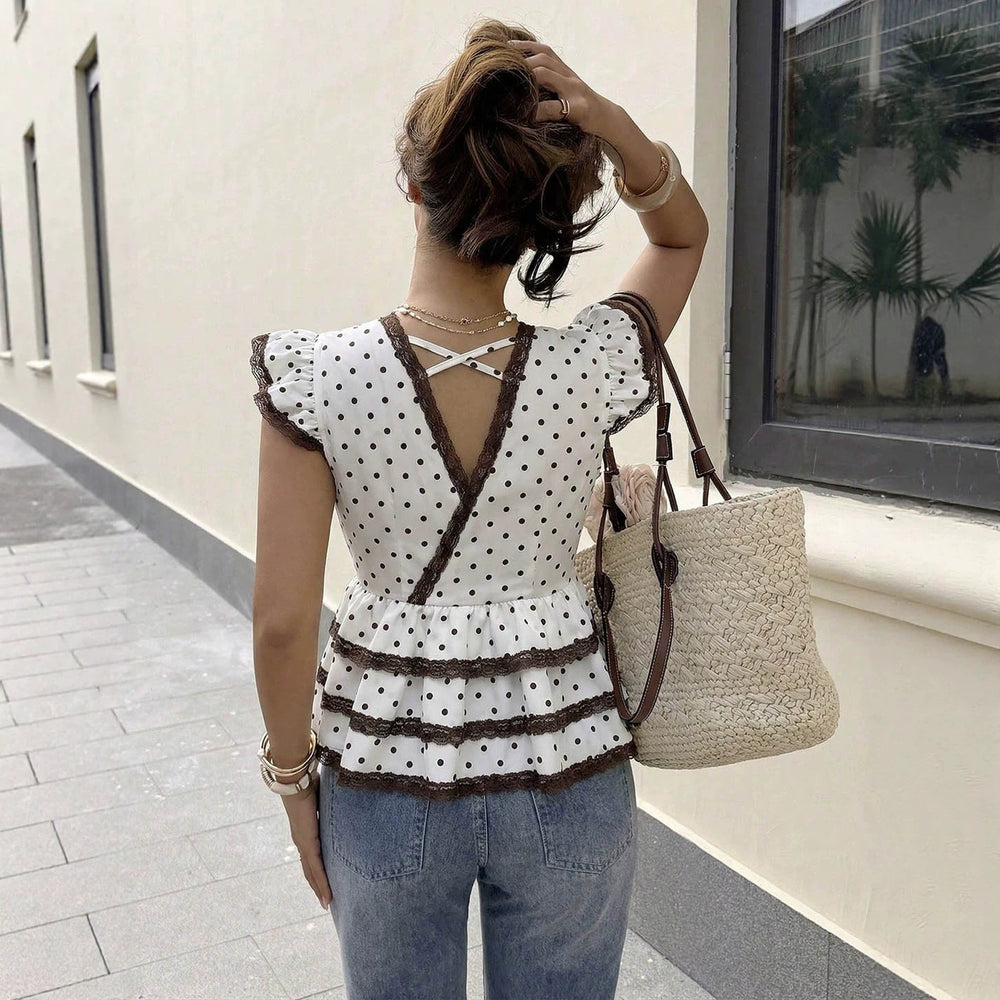 Exportfashion gentle style lacetops small wave pointcontrast colorlacev neck flying sleeves layered ruffle tops