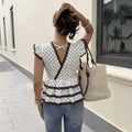 Exportfashion gentle style lacetops small wave pointcontrast colorlacev neck flying sleeves layered ruffle tops