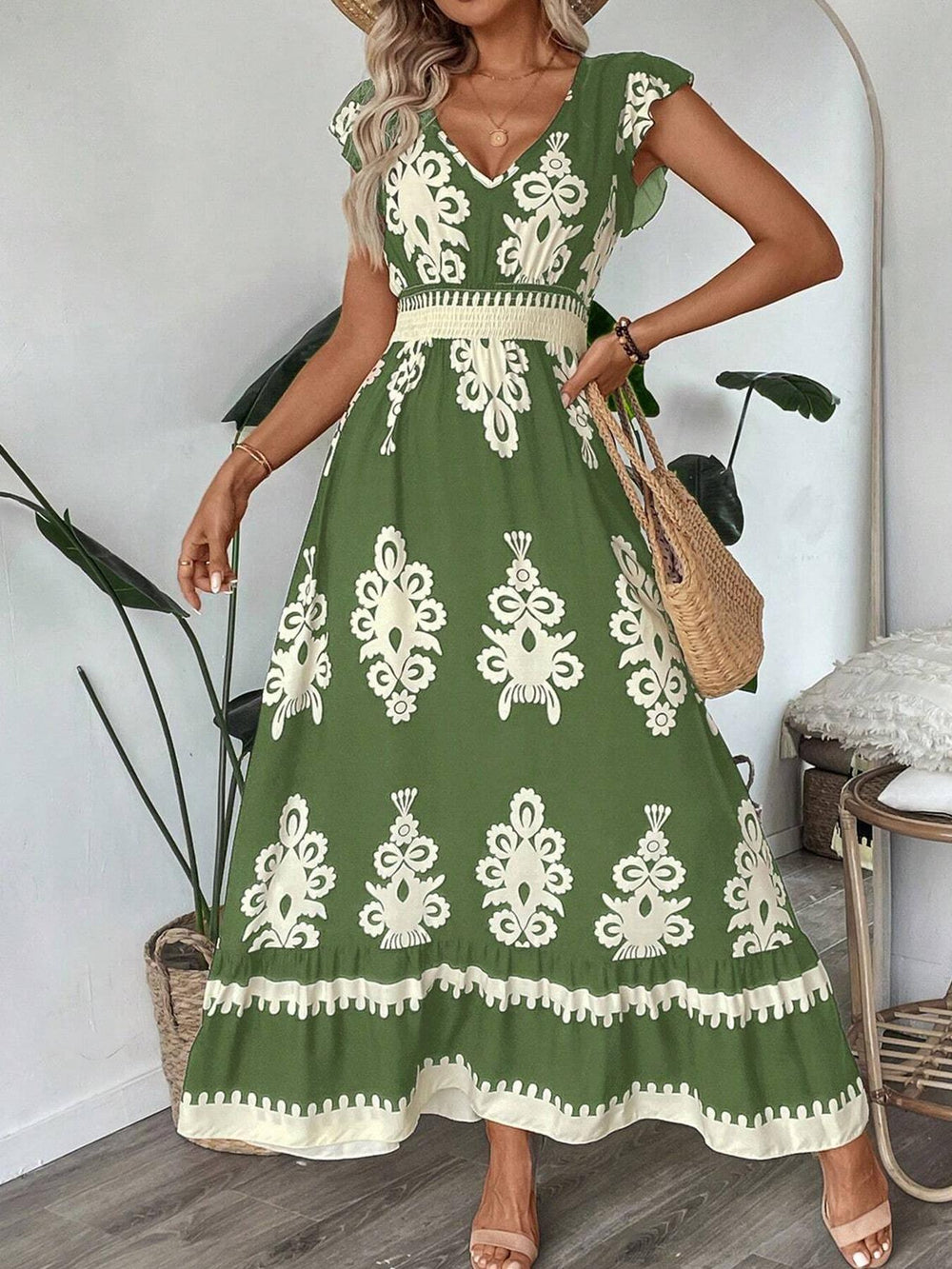 2025 new european and american amazon aliexpress summer fashion printed v-neck waist-defining long dress for women