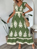 2025 new european and american amazon aliexpress summer fashion printed v-neck waist-defining long dress for women