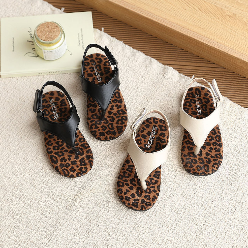 Trendy ins-style flat sandals solid color flip-flops girls' summer outdoor wear leopard print slides thong sandals girls' shoes