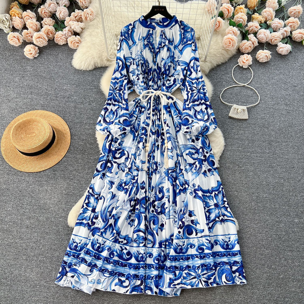 European and american retro court style design printed long dress with heavy pleating, puff sleeves, and pleated skirt - spring collection for women