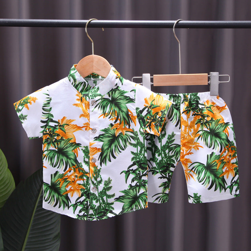 Summer boys' beach casual set - short-sleeve printed shirt + shorts two-piece wholesale