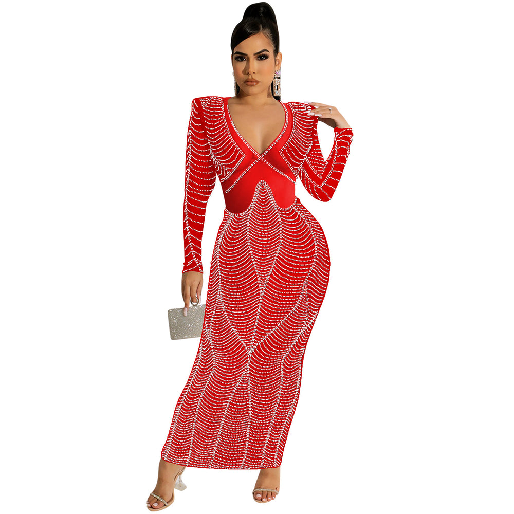 C5912   fashion sexy nightclub hot diamond mesh see-through v neck long sleeves long skirt dress women