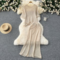 Korean style hollow-out age-defying set: women's loose-fit versatile crew neck short sleeve knit top + waist-defining bodycon fishtail midi skirt