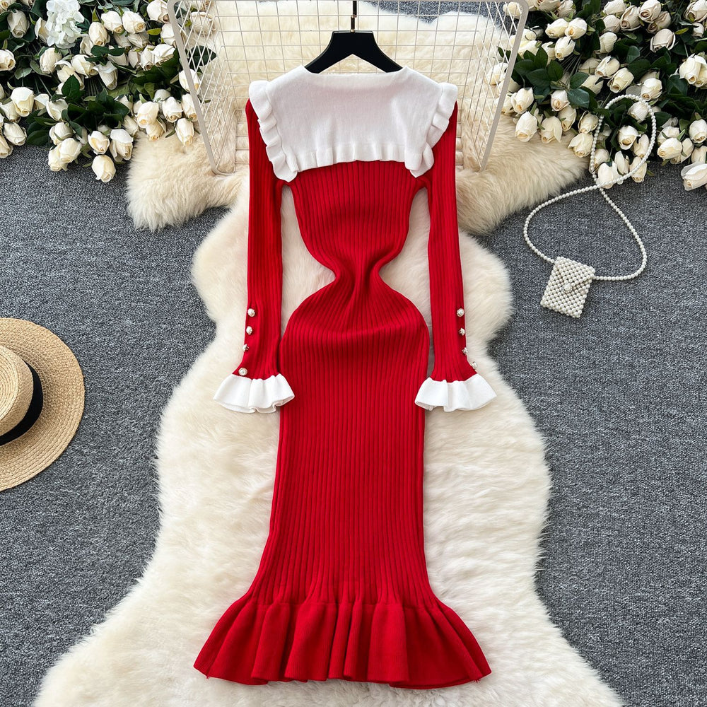 Autumnew arrivalretrocontrast color doll collar waist knittingdress women's elastic silmelegantruffles long skirt