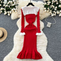 Autumnew arrivalretrocontrast color doll collar waist knittingdress women's elastic silmelegantruffles long skirt