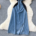 Vintage chic denim dress for women -  summer collection: high-end, heavily embellished with rhinestone embroidery, cinched waist, v-neck, short sleeve maxi dress