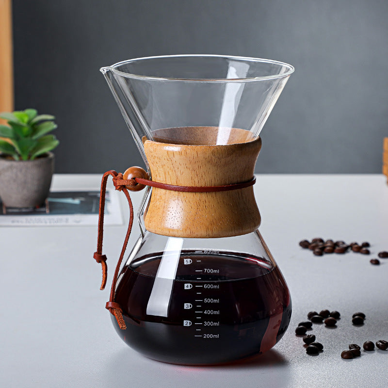 Wood chip hand-brewed coffee pot, high borosilicate glass coffee sharing pot, coffee filter cup, outdoor hand-brewed pot, chemex pot