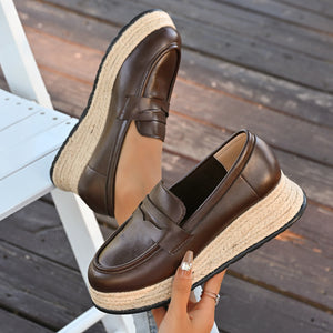 autumn new round-toe slip-on straw woven platform loafers - simple, versatile, chunky heel leather shoes