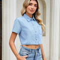 Fashion cross-border export light blue washed denim shortshirt lapel single breasted short sleeve exposed waist easiest for matchsummer style