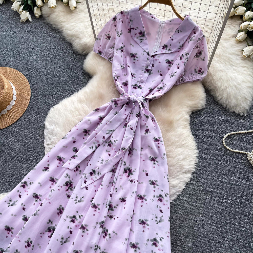 French floral v-neck ruched dress - women's summer short sleeve slim fit elegant vacation maxi dress