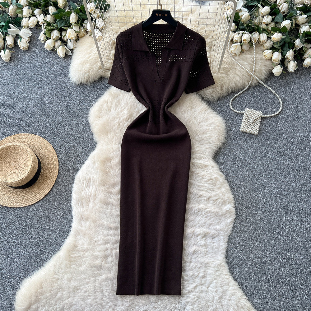 Korean style commute-ready knitted bodycon dress - women's summer short sleeve slimming a-line maxi dress - sophisticated & elegant
