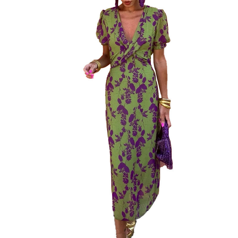 cross-border e-commerce european and american women's clothing: new summer collection - floral print v-neck short sleeve ruched bodycon dress
