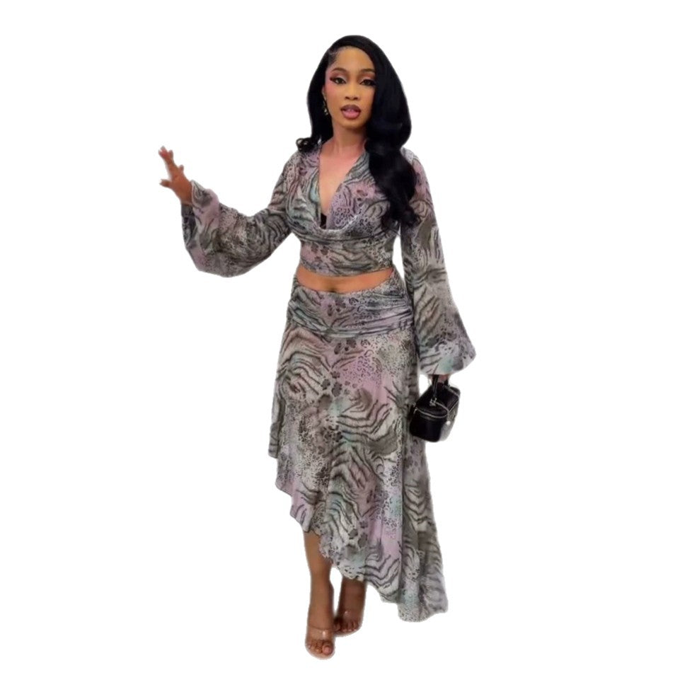 European and american cross-border women's fashion  summer new sexy leopard print lantern sleeve blouse and high-waisted midi skirt set
