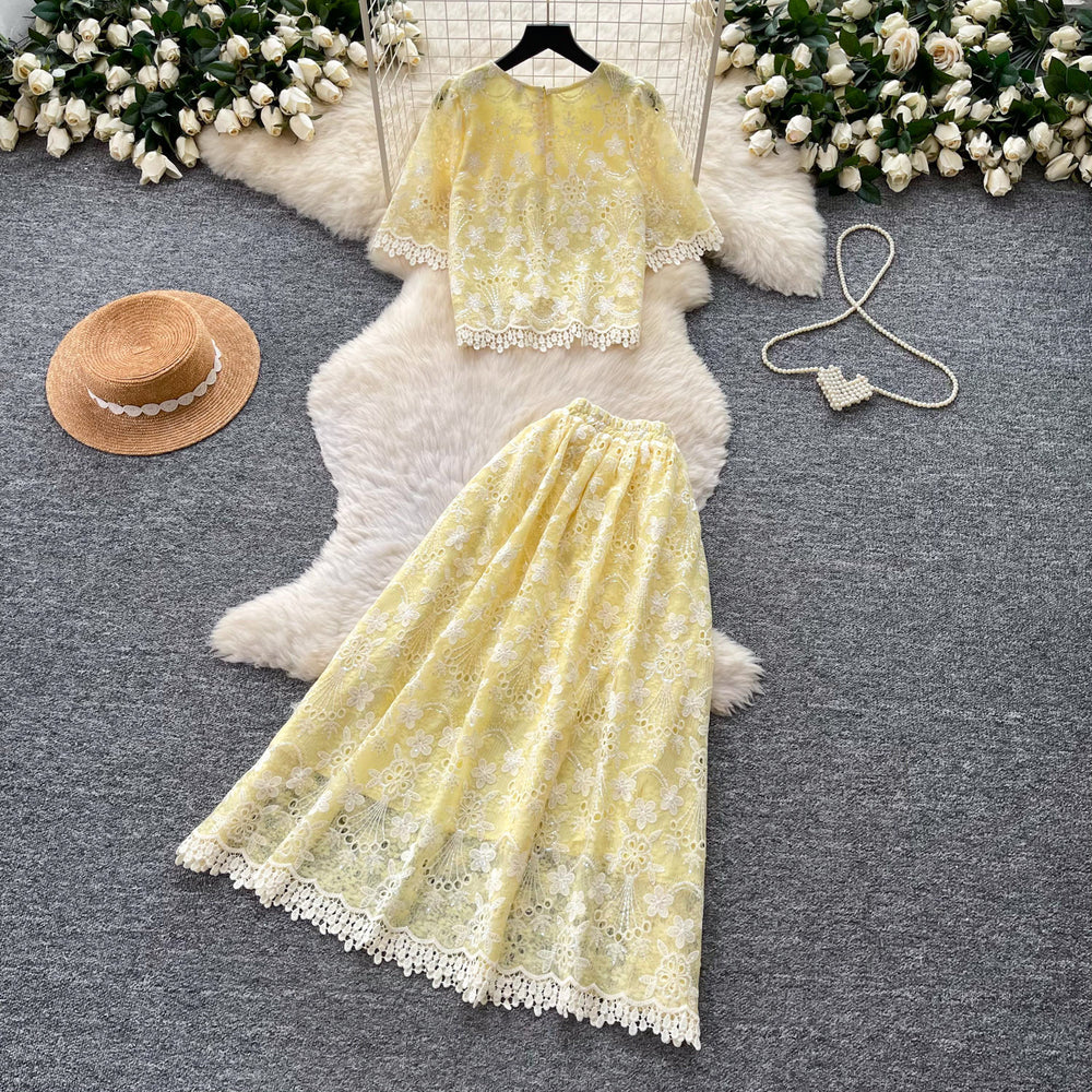 French gentle style heavy industry lacecut outtops high waist skirt women's summer gentle style two-piece set work clothing slimming look