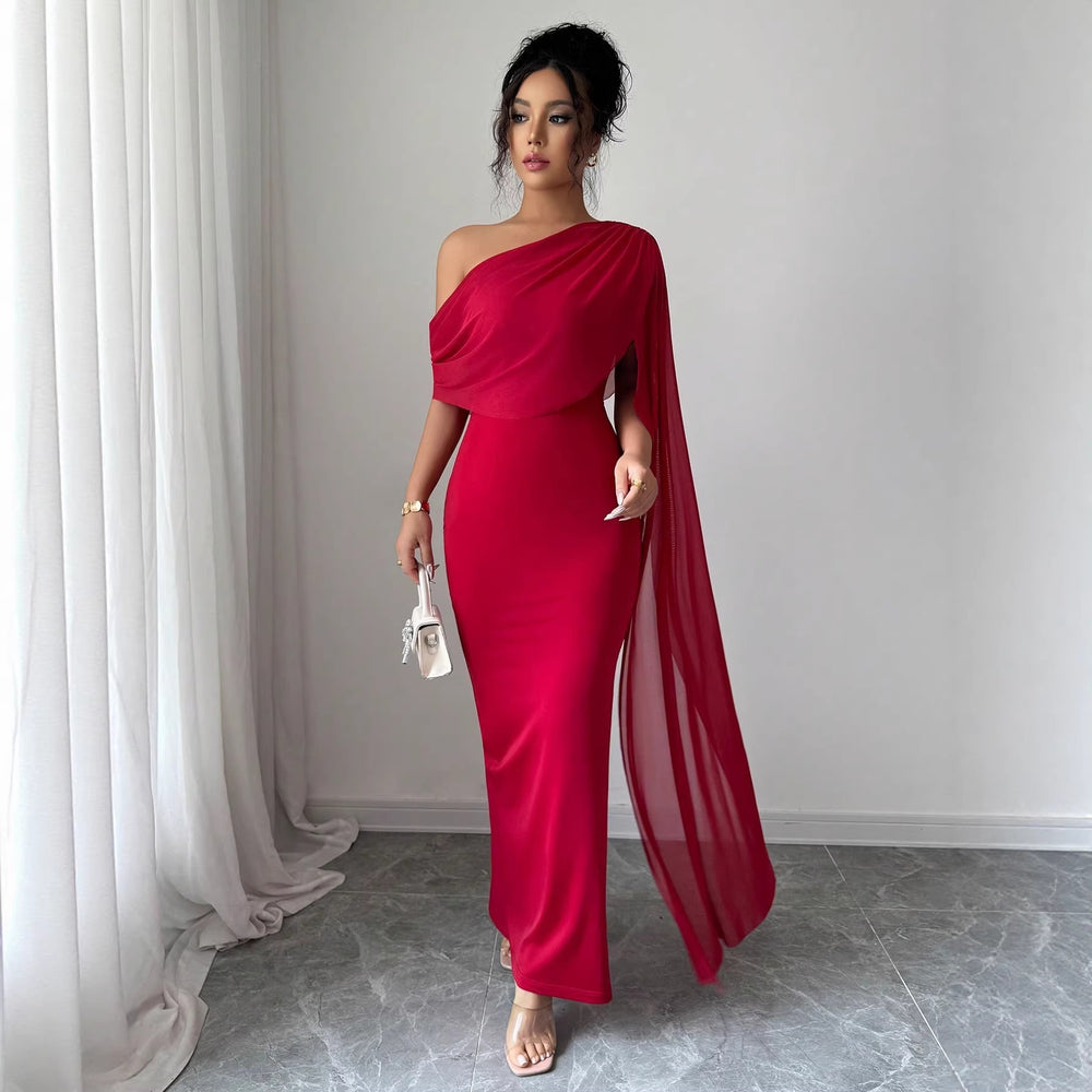 Amazon cross-border women's fashion: european and american style one-shoulder evening gown, long dress with cape sleeves, slim-fit bodycon, slit hem, socialite dress