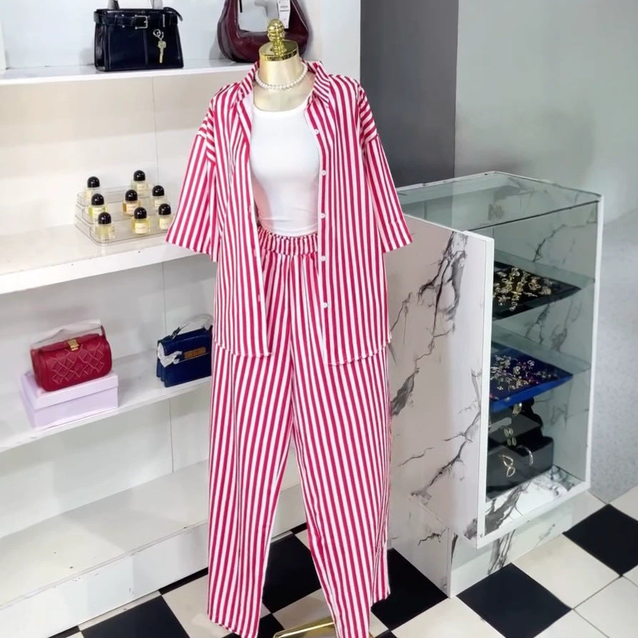 European and american cross-border women's clothing  summer new arrival: elegant casual color block striped turn-down collar shirt and high-waisted pants set